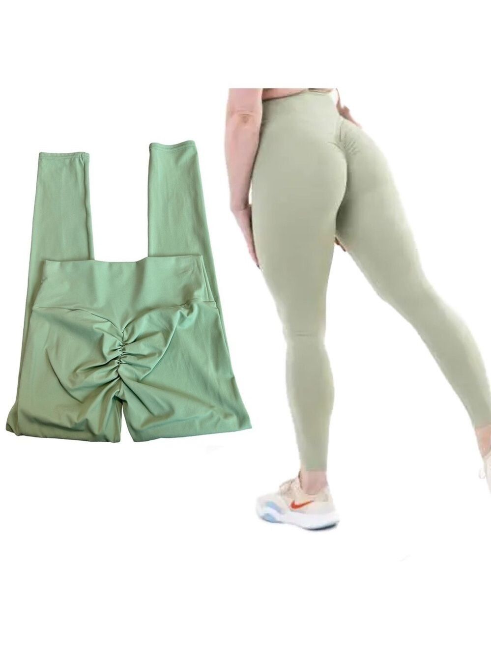 GREEN puckered scrunch bum leggings fitness yoga running athletic workout Sz S